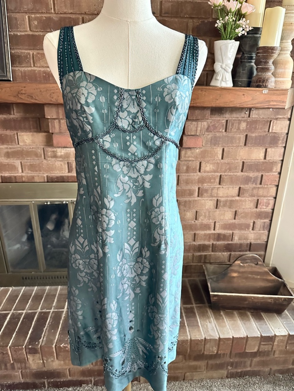 Nanette Lepore Silk Beaded Floral Damask Dress Teal Green Blue Flapper 6